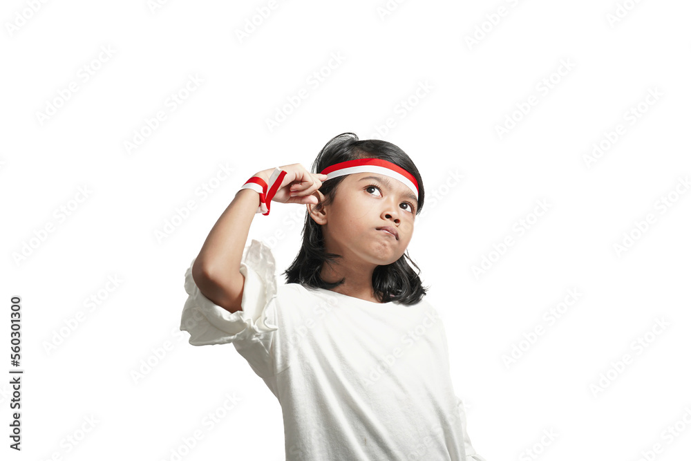 Asian girl child indonesia independence concept, gesture looking for idea. Isolated by white background.