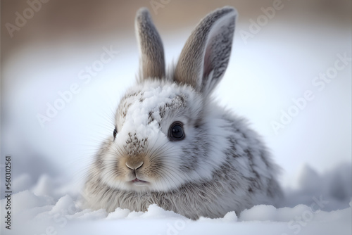 Cute white rabbit in the snow. Photorealistic illustration. AI Generated photo