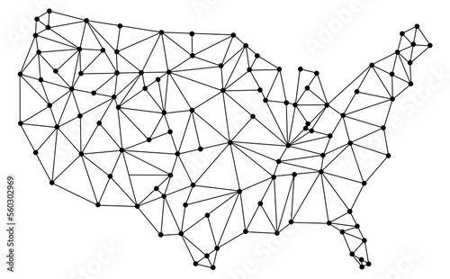 Abstract map of the USA with dots connected by lines. The territory of the USA is drawn with triangles. Transportation links between cities in the USA. Transportation of information in the country. 