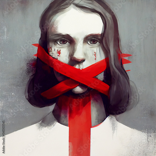 woman with tape on mouth, speech freedom of expression democracy feminism and censored, surreal art portrait illustration, political art, women's rights.
