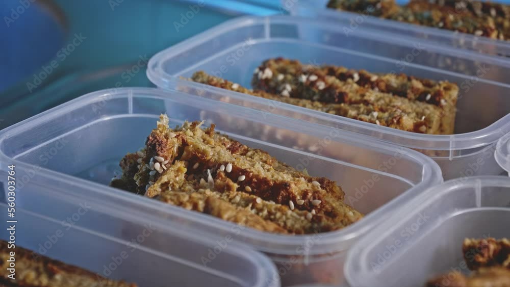 Freshly Bake Snack Bars With Mix Veggies Stored In Containers. Sideways, Closeup Freshly Bake Snack Bars With Mix Veggies Stored In Containers. Sideways, Closeup