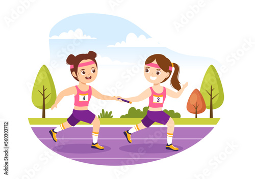 Relay Race Illustration Kids by Passing the Baton to Teammates Until Reaching the Finish Line in a Sports Championship Cartoon Hand Drawing Template