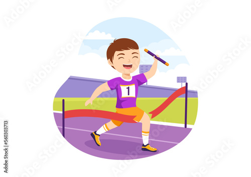 Relay Race Illustration Kids by Passing the Baton to Teammates Until Reaching the Finish Line in a Sports Championship Cartoon Hand Drawing Template