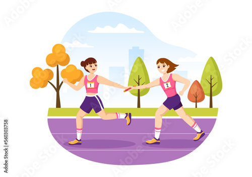Relay Race Illustration by Passing the Baton to Teammates Until Reaching the Finish Line in a Sports Championship Flat Cartoon Hand Drawing Template