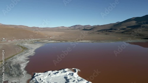 Red Salt Lake, Laguna Colorada, Cinematic Lagoon, Aerial Above Bolivia, Potosi, Natural Wonder Reserve, Altiplano Wetland photo