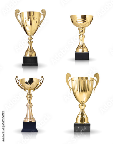 Set of different kind of golden trophies.