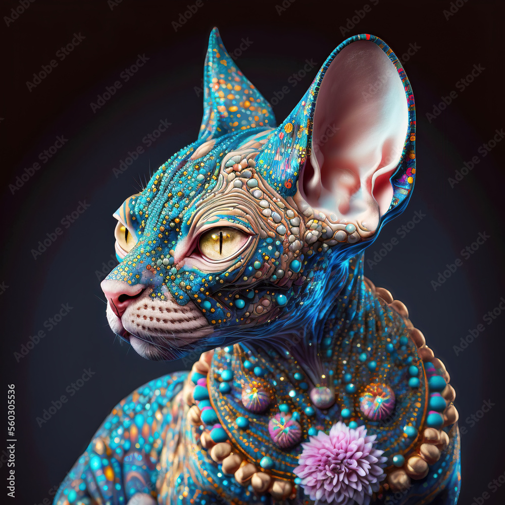Surreal Portrait of a Sphynx Cat Goddess.  Created with Generative AI Technology	