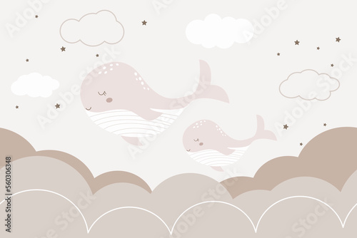 Hand drawn seamless background of clouds and waves. Sleeping cartoon cute mom whale and baby. Kids design in pastel colors. Wall art of the nursery. Pink pallette.