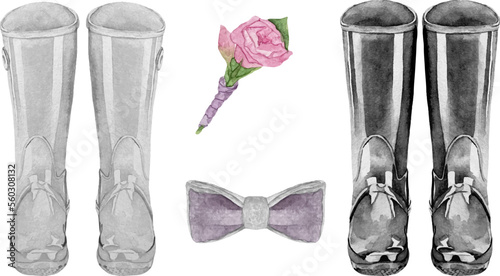 Set of watercolor wedding bride and groom accessories: wellies boots, boutonniere, wedding bow tie