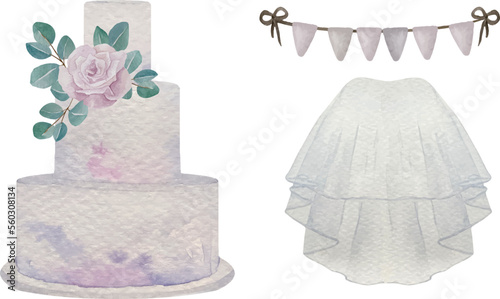 Set of watercolor wedding bride and groom accessories: veil, ring in the box, cake, boutonniere, flower composition