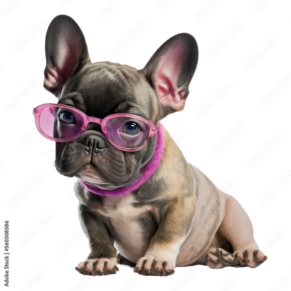 Cute little bulldog puppy wearing pink sunglasses and a collar. Generative AI.