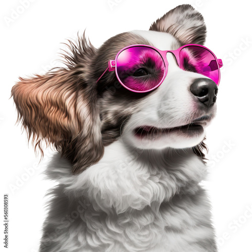 Cute border collie puppy wearing pink sunglasses and smiling. Generative AI. © Pixel Cat