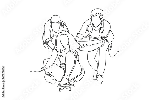 Single one line drawing Young woman laughing and sitting on a skateboard being pushed by her friends from behind. Hangouts With Friends concept. Continuous line draw design graphic vector illustration