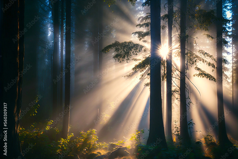 Early morning sunlight rays shining through misty forest trees - Generative Ai Early morning sunlight rays shining through misty forest trees - Generative Ai