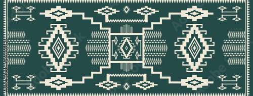 Ethnic runner geometric pattern. Vector contemporary green color southwestern rug. Native aztec Kilim geometric rug. Ethnic geometric pattern use for home decoration or runner decorative elements.