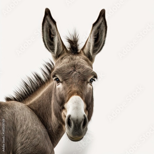 Fototapete Head and shoulders close up portrait of a friendly donkey isolated on a white ba
