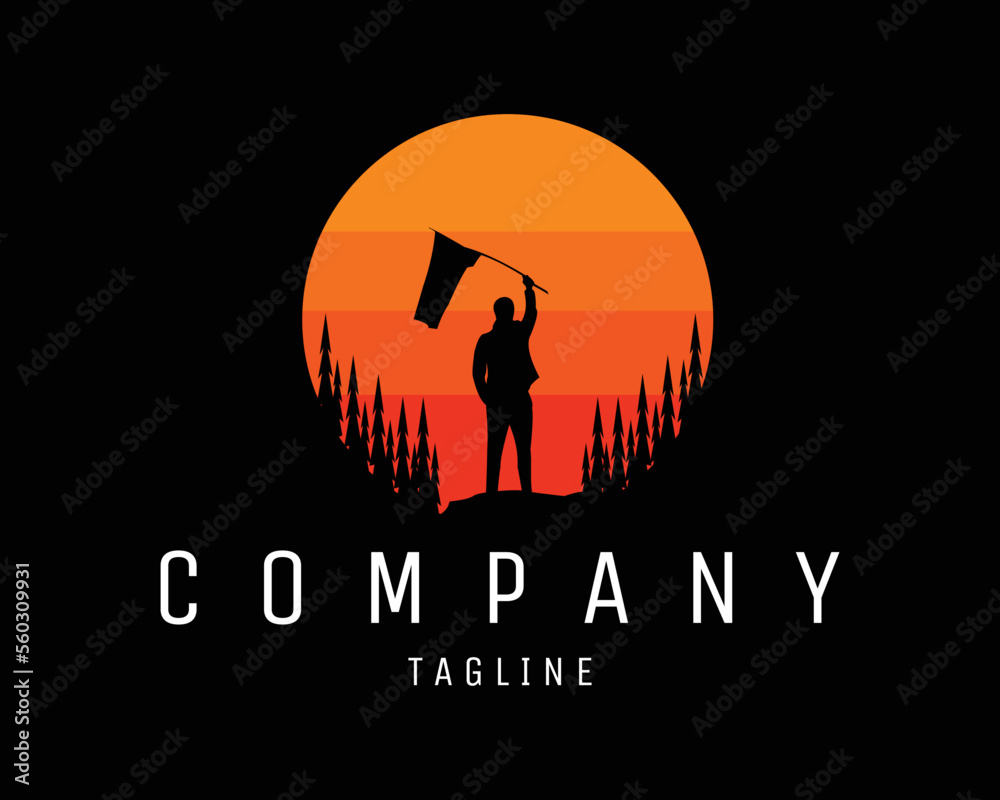 mountain climber logo holding flag with sunset view. best simple vector design for badge, emblem, icon, design sticker, t-shirt. available in eps 10