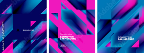 Vector set of abstract geometric poster backgrounds, colorful shapes with fluid colors. Collection of covers, templates, flyers, placards, brochures, banners