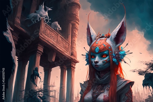 Fotografia Fearless kasai kitsune fox guard with flame red hair and piercing gaze; battle armor ready to defend the castles and kingdom - fictional person Generative AI illustration