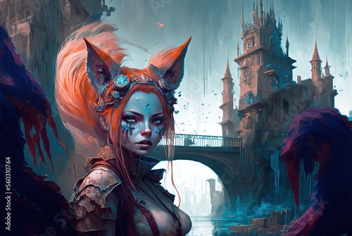 Obraz na płótnie Fearless kasai kitsune fox guard with flame red hair and piercing gaze; battle armor ready to defend the castles and kingdom - fictional person Generative AI illustration