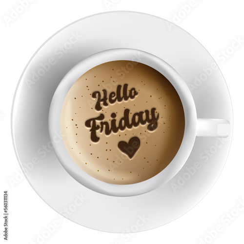 Hello Friday word as a latte art on a white cup of coffee, isolated on transparent background. Flat lay or top view.
