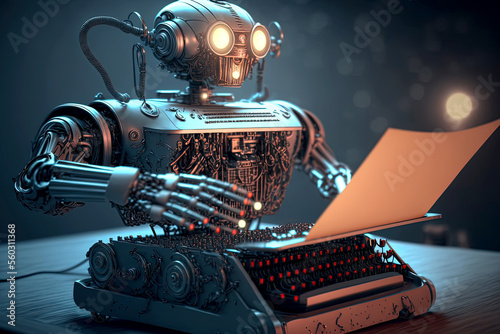 Generative AI illustration of half typewriter and half chatbot robot concept from AI writing assistant and artificial intelligence generated text or essay