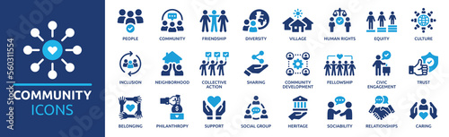 Community icon set. Containing people, friendship, social, diversity, village, relationships, support and community development icons. Solid icon collection. © Icons-Studio