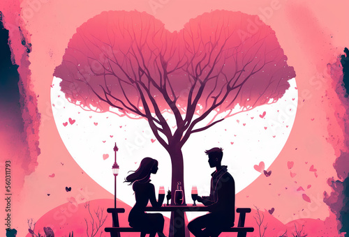 Couple on romantic date under pink tree, AI Generate