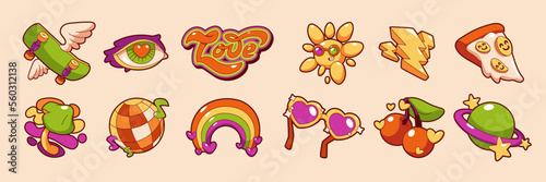 Retro groovy stickers with rainbow, planet, sun character, disco ball, mushroom and skateboard. Psychedelic rave icons with love symbol, cherry, pizza and glasses, vector set in contemporary style