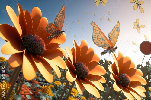 A conceptual image of a life-size robotic butterfly with solar panels for wings flying in mid-air flying towards an open flower.  © AJ Studio