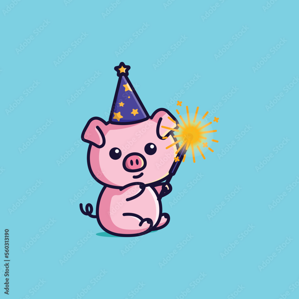 Cute cartoon pig with fireworks in new year free simple illustration