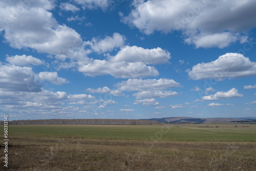 Beautiful early spring landscape with blue sky and white clouds. Pastures, rustic meadow spring landscape. world environment day concept, nature background