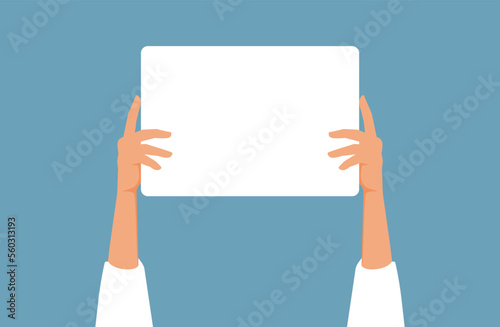 Vector Hands Holding a Blank Sign Background Illustration. Person holding a white signboard placard for advertising purposes 
