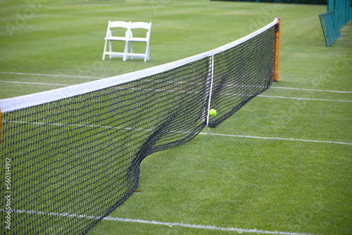 A tennis across a grass tennis court with sideline chairs in the distance
