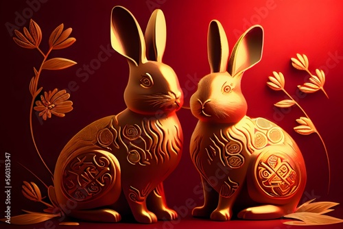 Gold rabbits with decoration elements on red background for Chinese new year 2023.generative Ai