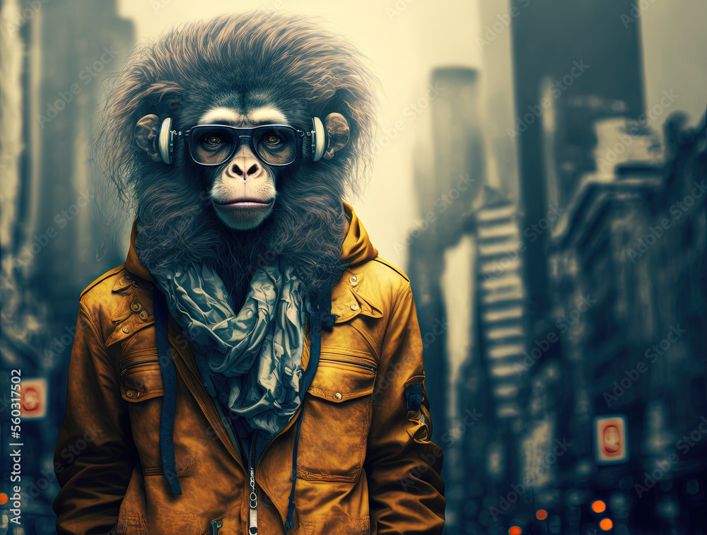 Fototapeta premium Stylish fashion monkey walking in the street