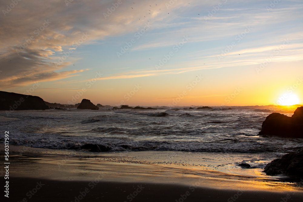 Scenic view of sea against sky at sunset, Mendocino, California, United States, USA - stock photo