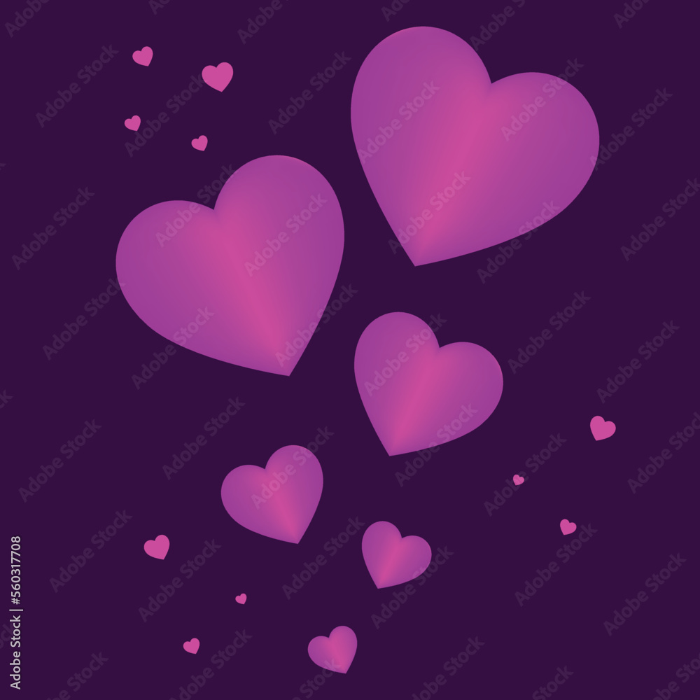 composition of hearts for Valentine's day, in purple color using a gradient in hearts