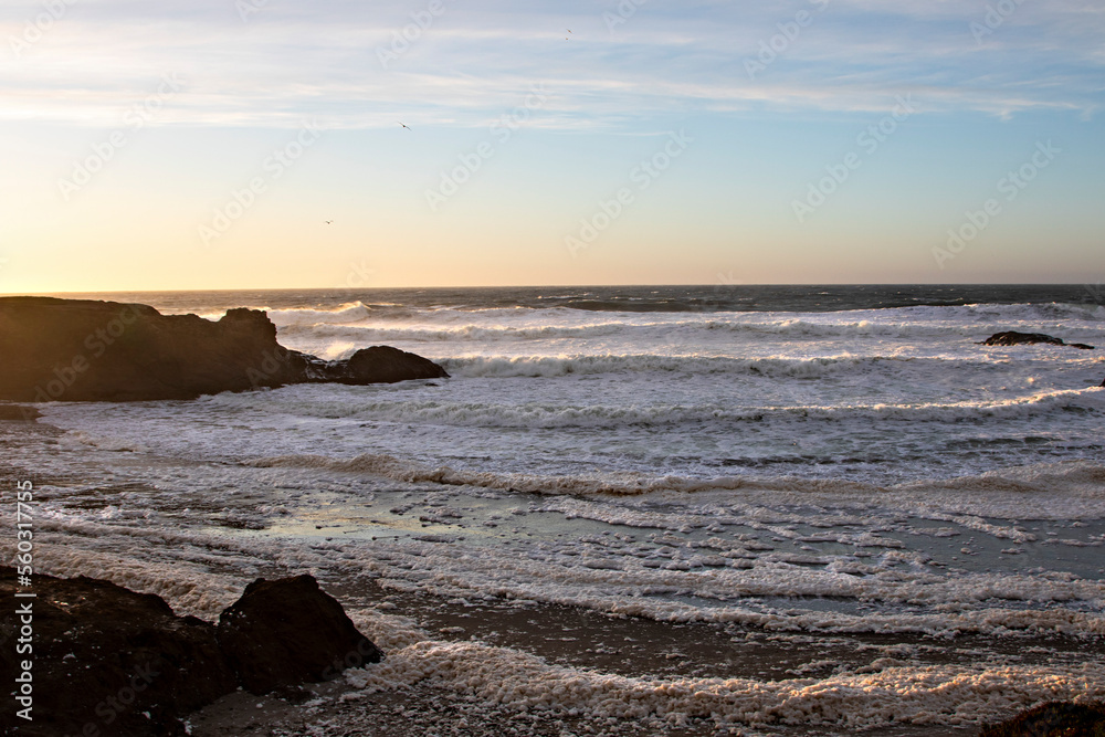 Scenic view of sea against sky at sunset, Fort Bragg, California, United States, USA - stock photo