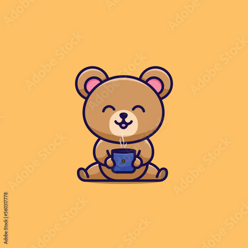 Vector vector cartoon illustration cute bear drink and enjoy a cup of coffee icon animal nature