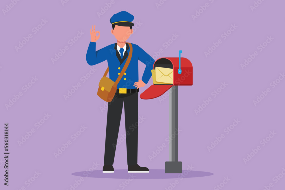 Cartoon flat style drawing attractive postman with okay gesture standing in hat, bag, uniform, holding an envelope. Working hard to delivering mail to home address. Graphic design vector illustration