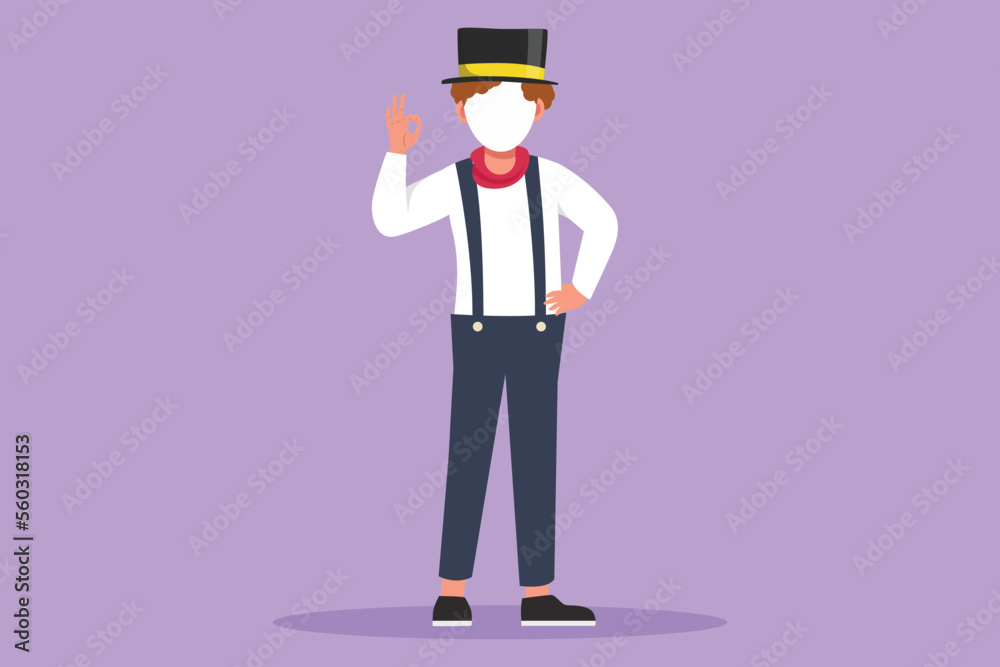 Graphic flat design drawing male mime artist stands with okay gesture and white make up face makes audience laugh with silent comedy. Entertainment worker on working. Cartoon style vector illustration