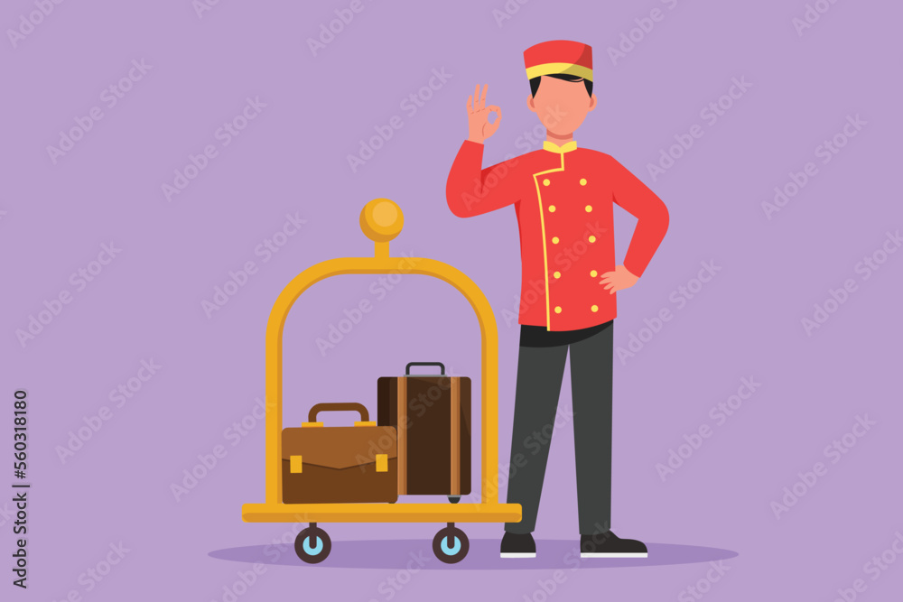 Obraz premium Graphic flat design drawing doorman standing with one hand on his waist and the other with okay gesture. Male porter working with great hospitality in luxury hotel. Cartoon style vector illustration