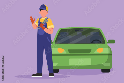 Character flat drawing male mechanic standing in front of car with okay gesture and holding wrench to perform maintenance on vehicle engine or crash transportation. Cartoon design vector illustration