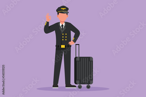 Cartoon flat style drawing of pilot standing with okay gesture and complete uniform, ready to riding or flying airplane for bringing passengers to their destination. Graphic design vector illustration