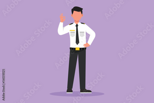 Character flat drawing of flight attendant or steward standing in uniform with okay gesture prepare at airport for flying and serve passengers to their destination. Cartoon design vector illustration