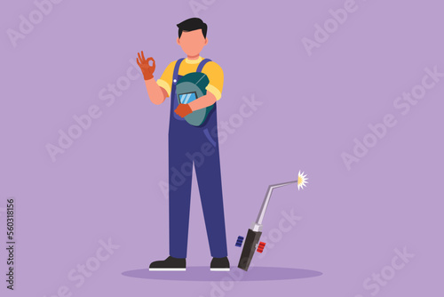 Character flat drawing active male welder standing with okay gesture and holding face shield ready to work in his iron workshop. Manufacturing worker with metalwork. Cartoon design vector illustration