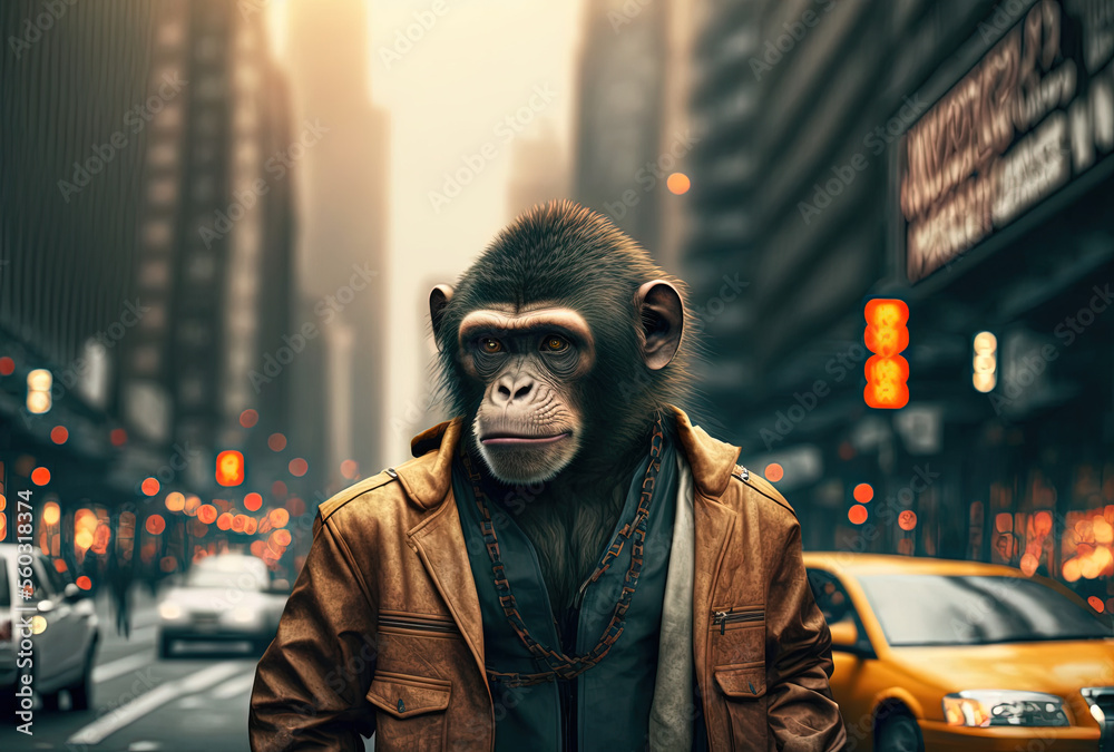 Fototapeta premium Portrait of stylish fashion monkey walking in the city