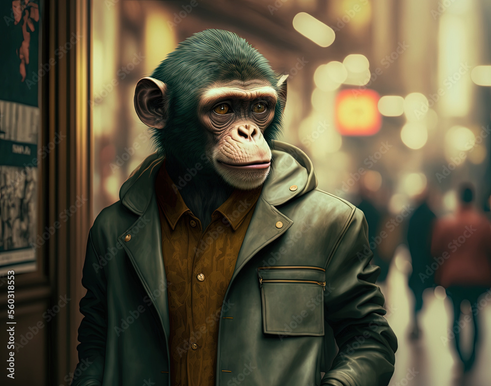 Stylish fashion monkey walking in the street Stylish fashion monkey walking in the street