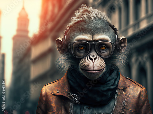 Stylish fashion monkey walking in the street